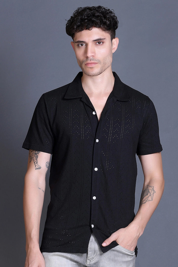 Black Cuban Collar Shirt For Men