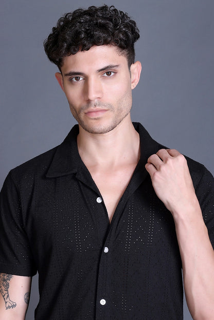 Black Cuban Collar Shirt For Men