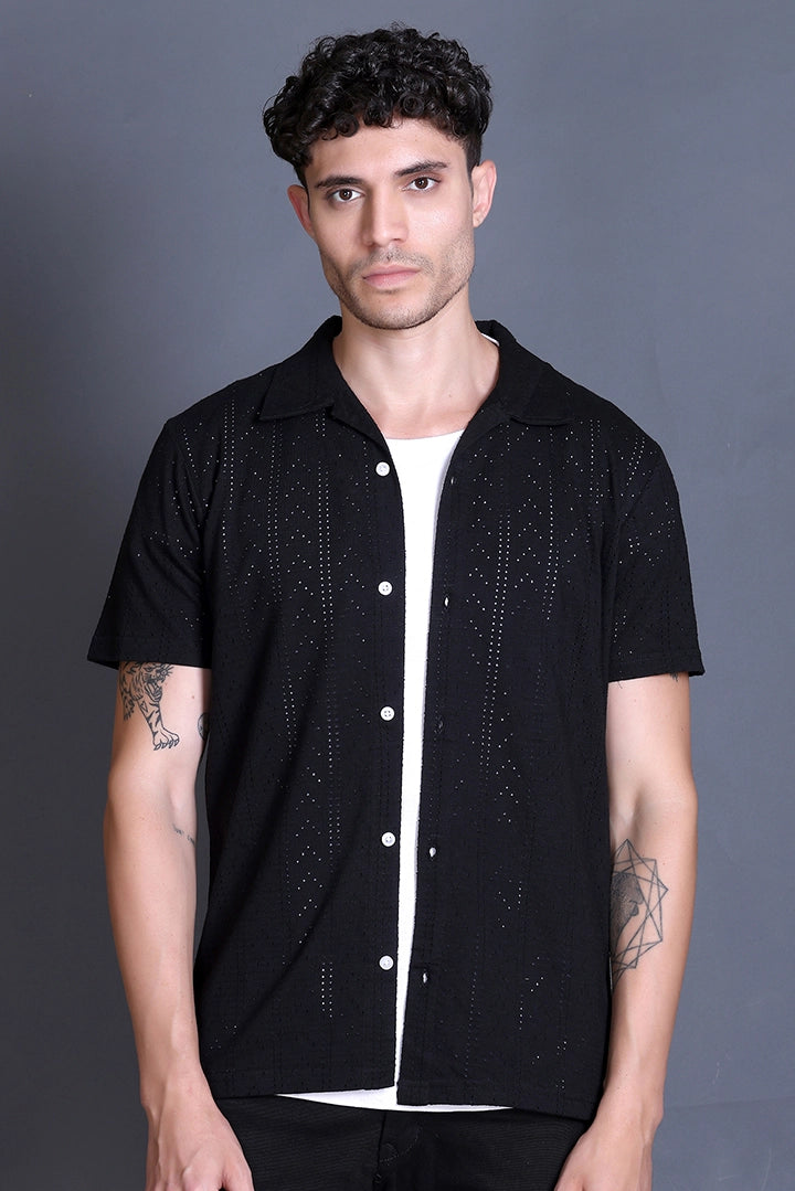 Black Cuban Collar Shirt For Men