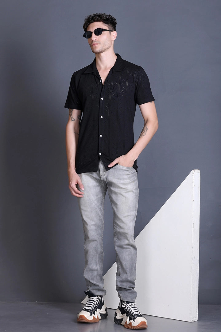 Black Cuban Collar Shirt For Men