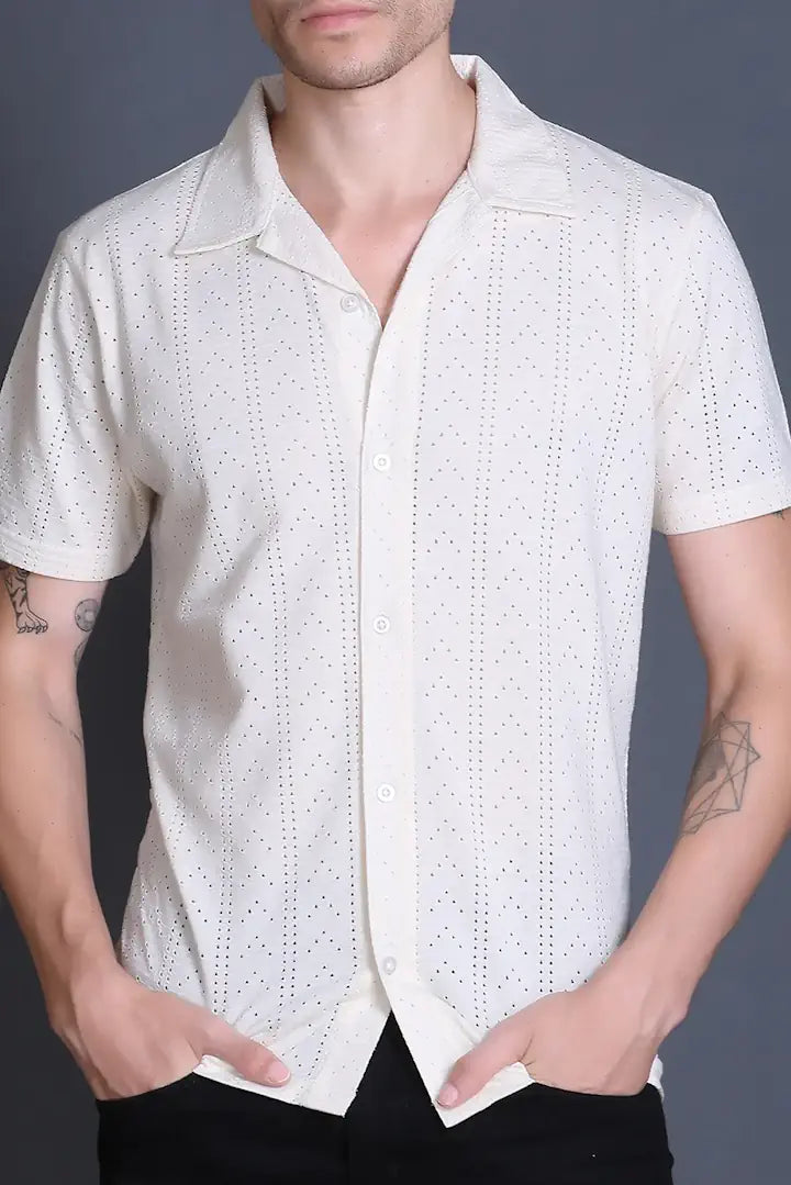 Off White Cuban Collar Shirt For Men