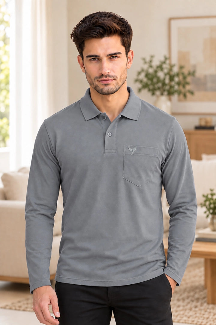 Medium Grey Solid Cotton Full Sleeve Polo T Shirts Men