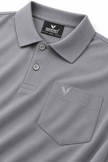 Medium Grey Solid Cotton Full Sleeve Polo T Shirts Men