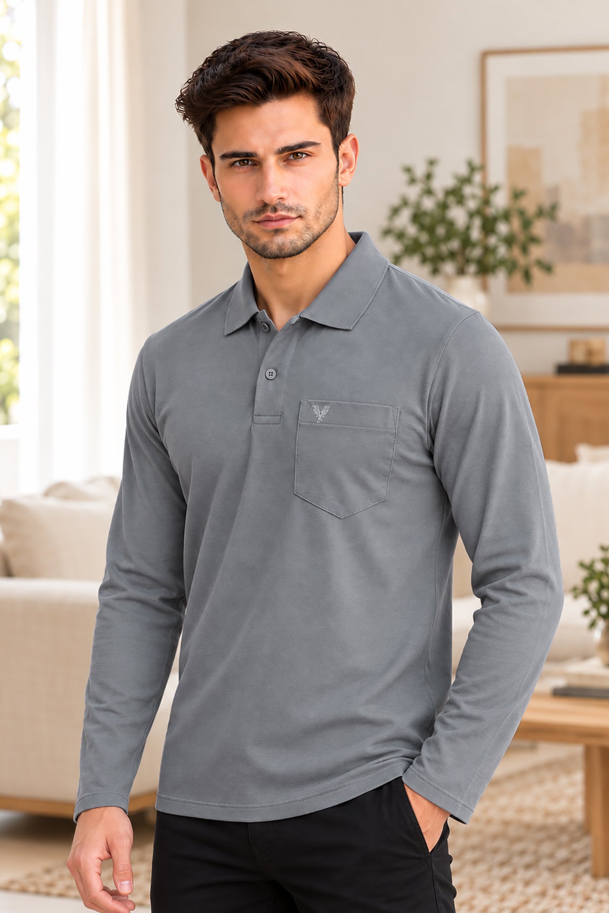 Medium Grey Solid Cotton Full Sleeve Polo T Shirts Men