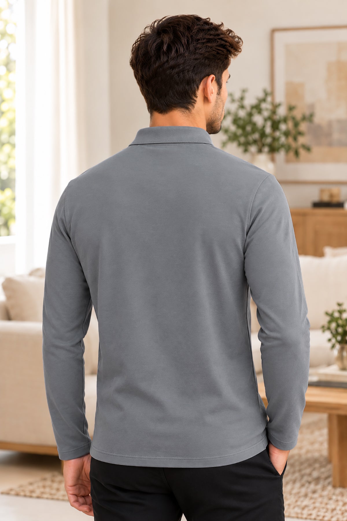 Medium Grey Solid Cotton Full Sleeve Polo T Shirts Men