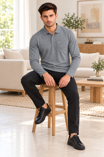 Medium Grey Solid Cotton Full Sleeve Polo T Shirts Men