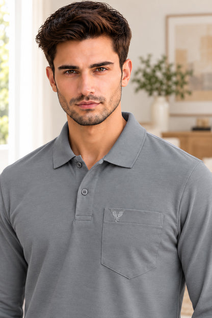 Medium Grey Solid Cotton Full Sleeve Polo T Shirts Men