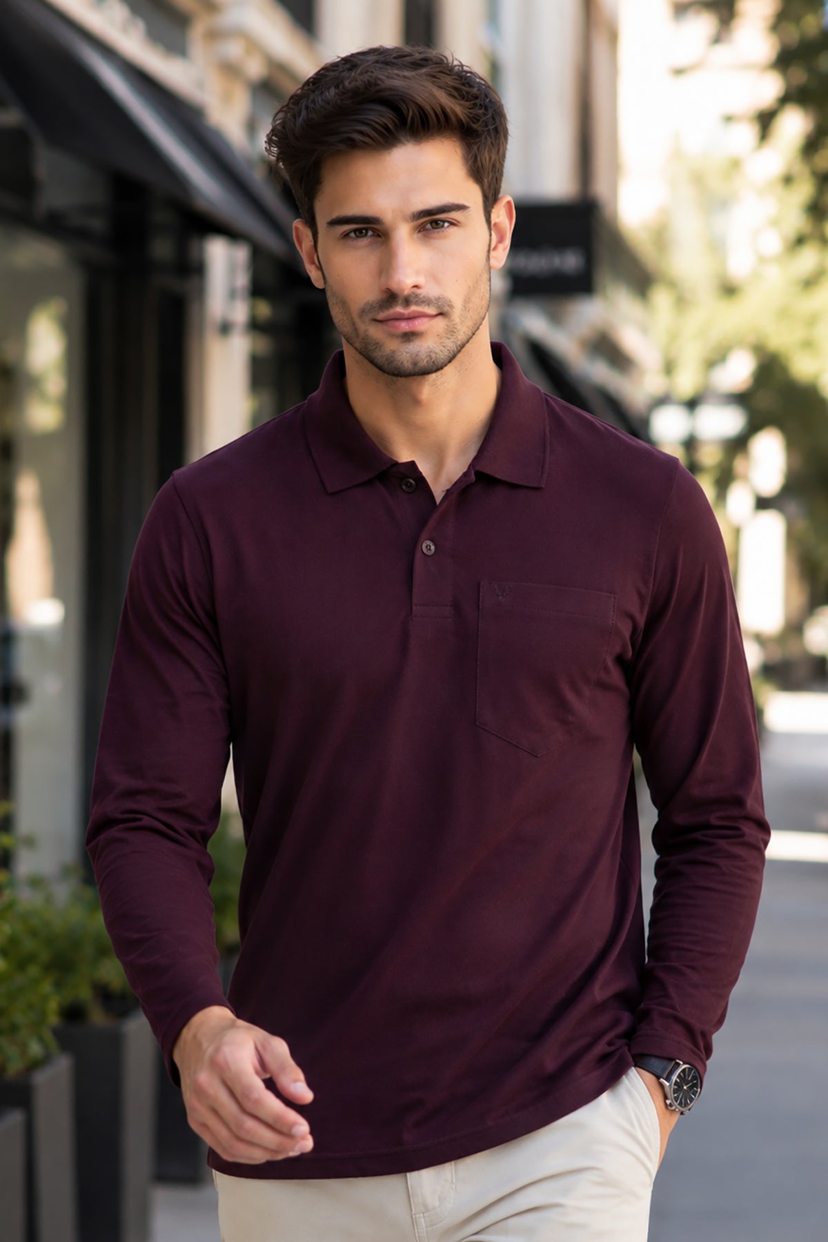 Burgundy Solid Cotton Full Sleeve Polo T Shirts