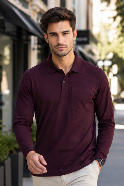 Burgundy Solid Cotton Full Sleeve Polo T Shirts