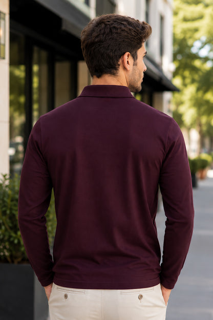 Burgundy Solid Cotton Full Sleeve Polo T Shirts