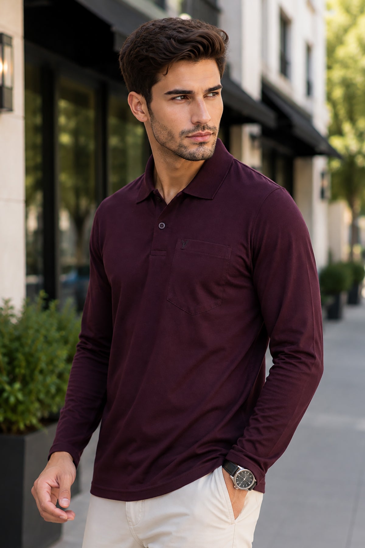 Burgundy Solid Cotton Full Sleeve Polo T Shirts
