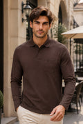 Coffee Solid Cotton Full Sleeve Polo T Shirts Men