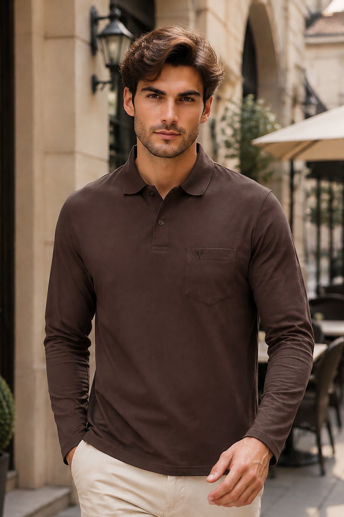 Coffee Solid Cotton Full Sleeve Polo T Shirts Men