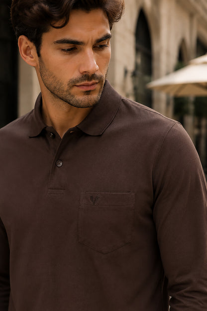 Coffee Solid Cotton Full Sleeve Polo T Shirts Men