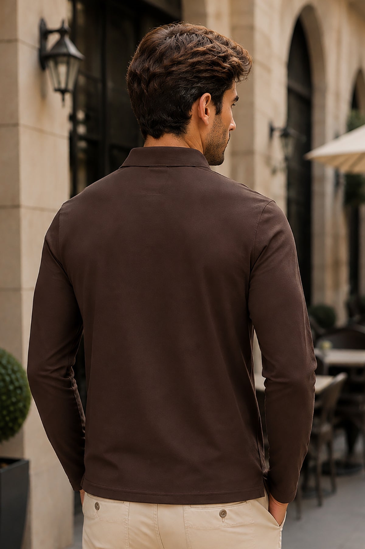 Coffee Solid Cotton Full Sleeve Polo T Shirts Men