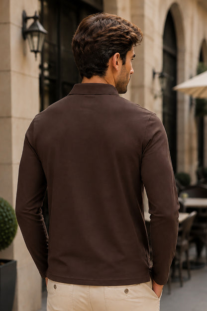 Coffee Solid Cotton Full Sleeve Polo T Shirts Men