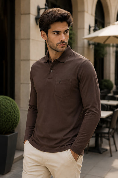 Coffee Solid Cotton Full Sleeve Polo T Shirts Men