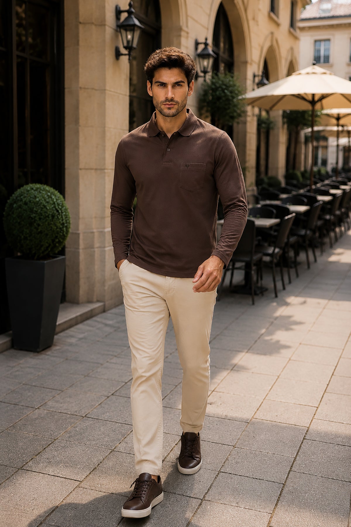 Coffee Solid Cotton Full Sleeve Polo T Shirts Men