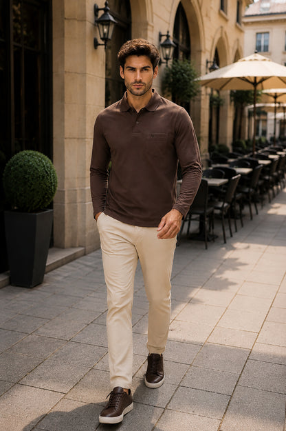 Coffee Solid Cotton Full Sleeve Polo T Shirts Men