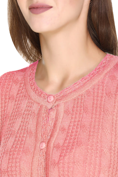 Pink Woolen Band Neck Self Knit Cable Textured Design Cardigan For Women