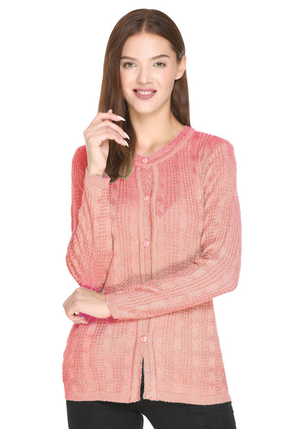 Pink Woolen Band Neck Self Knit Cable Textured Design Cardigan For Women