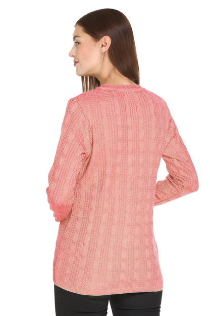 Pink Woolen Band Neck Self Knit Cable Textured Design Cardigan For Women