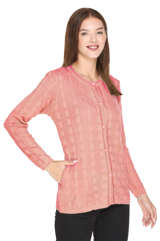 Pink Woolen Band Neck Self Knit Cable Textured Design Cardigan For Women