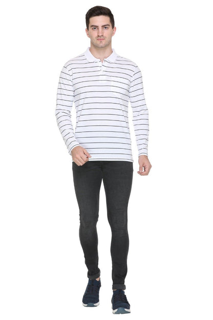 White Striped Cotton Men Full Sleeve Polo T Shirts With Pocket