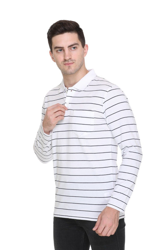 White Striped Cotton Men Full Sleeve Polo T Shirts With Pocket