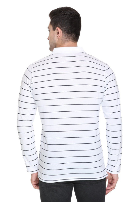 White Striped Cotton Men Full Sleeve Polo T Shirts With Pocket