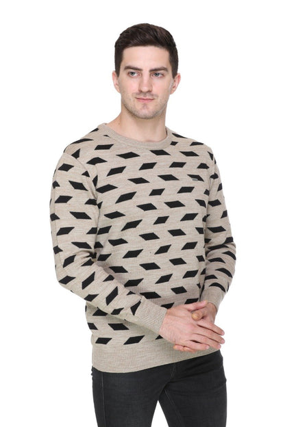 Beige Woolen Round Neck Designer Men Sweater