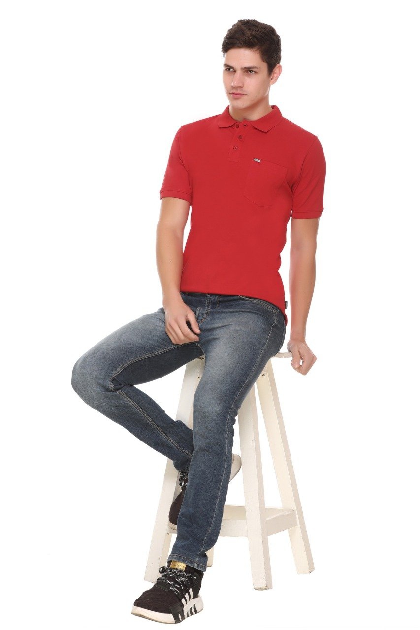 Red Solid Polo T-Shirt With Pocket