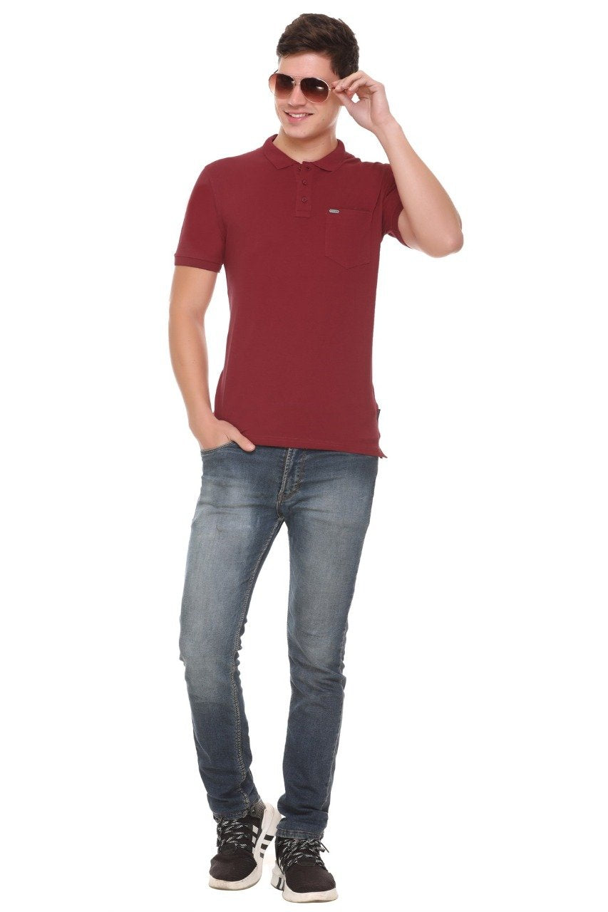 Maroon Solid Polo T-Shirt With Pocket