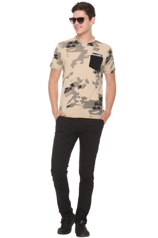 Beige Slim Fit Printed Round Neck T-Shirt