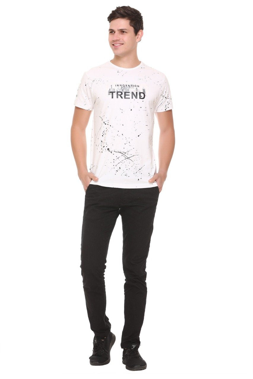 White Slim Fit Printed Round Neck T-Shirt