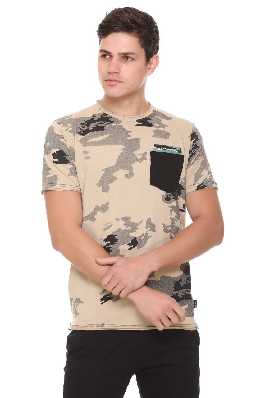 Beige Slim Fit Printed Round Neck T-Shirt