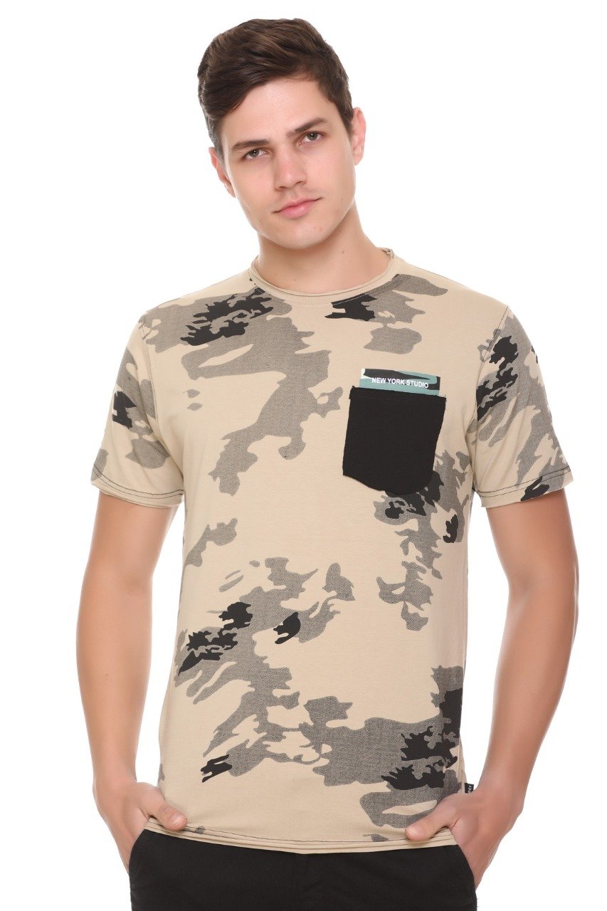Beige Slim Fit Printed Round Neck T-Shirt
