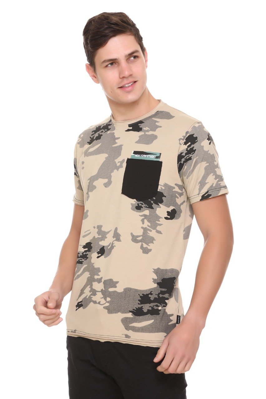 Beige Slim Fit Printed Round Neck T-Shirt