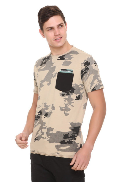 Beige Slim Fit Printed Round Neck T-Shirt