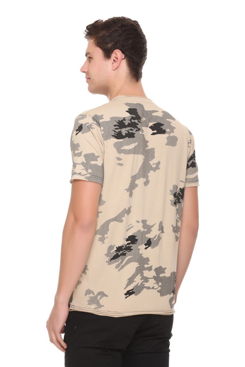 Beige Slim Fit Printed Round Neck T-Shirt