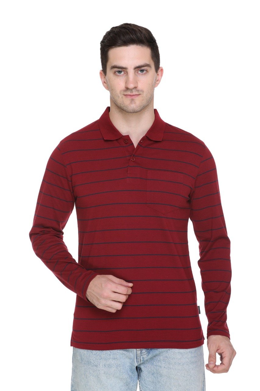 Maroon Striped Men Full Sleeve Polo T-Shirt