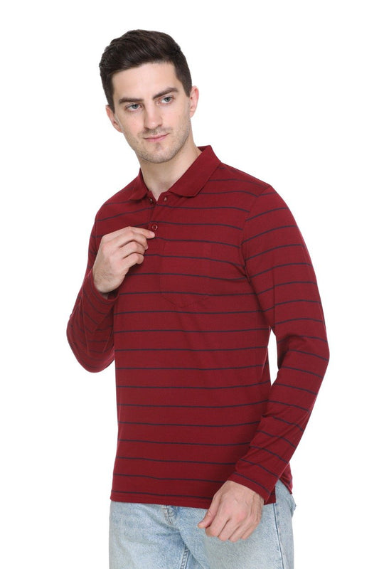 Maroon Striped Men Full Sleeve Polo T-Shirt