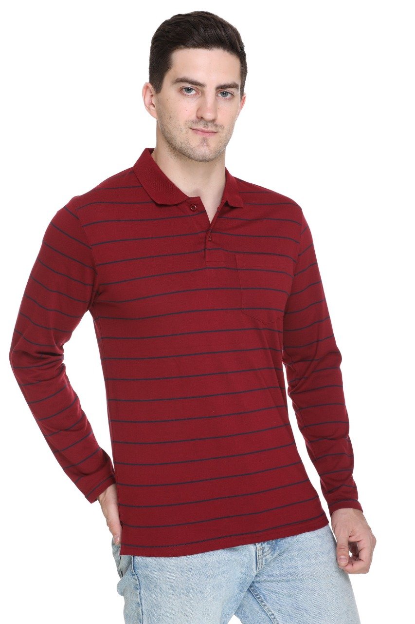Maroon Striped Men Full Sleeve Polo T-Shirt