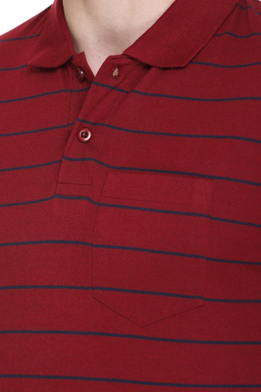 Maroon Striped Men Full Sleeve Polo T-Shirt