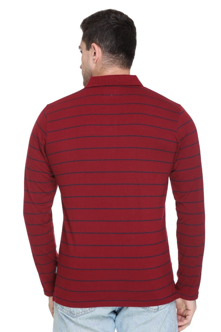 Maroon Striped Men Full Sleeve Polo T-Shirt