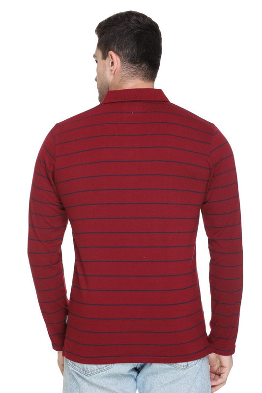 Maroon Striped Men Full Sleeve Polo T-Shirt