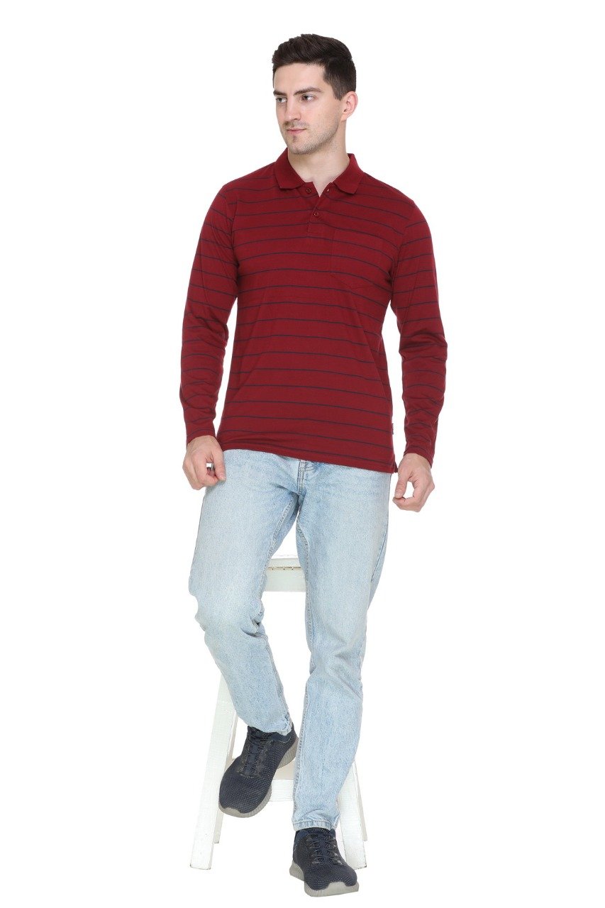 Maroon Striped Men Full Sleeve Polo T-Shirt