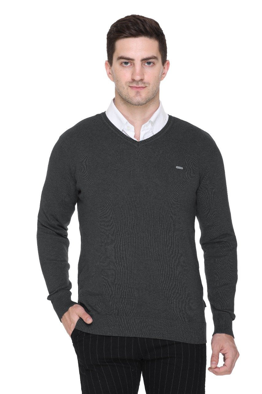 Charcoal Solid V-Neck Pullover