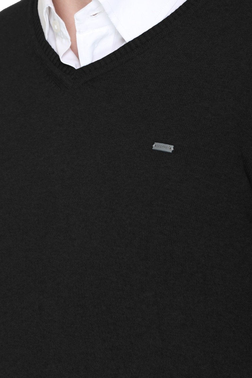 Black Solid V-Neck Pullover