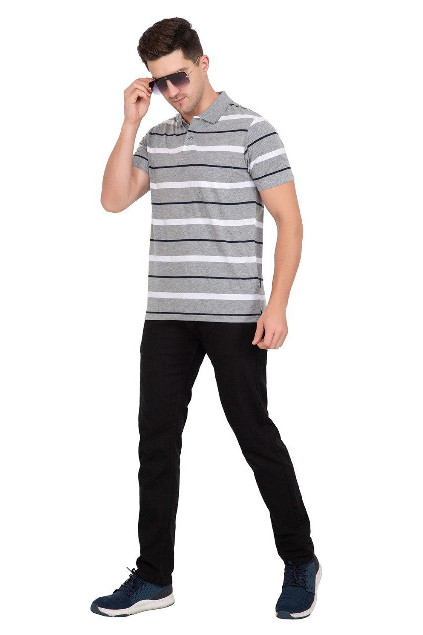 Light Grey Striped Men Half Sleeve Polo T-Shirt With Pocket